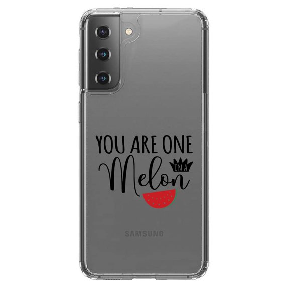 DistinctInk Clear Shockproof Hybrid Case for Galaxy S21 5G (6.2" Screen) - TPU Bumper Acrylic Back Tempered Glass Screen Protector - You Are One in a Melon Watermelon