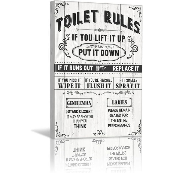 Bathroom Canvas Wall Art Rustic Funny Toilet Rules Prints Signs Framed Wood Background Bath Room HD Picture Artwork Home Decor (Toilet, 12 X 16 inch)