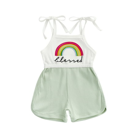 

Calsunbaby Infants Baby Girls Summer Casual Jumpsuit Sleeveless Rainbow Print Ribbed Patchwork Romper