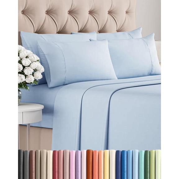 Queen 6 Piece Bed Sheet Set in Sky Blue with Deep Pockets