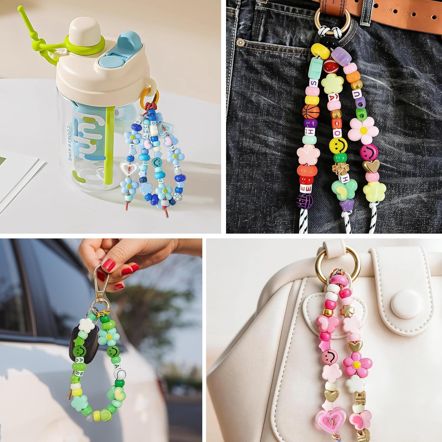 528PCS DIY Beaded Keychain Making Kit for Adult Women, Acrylic Heart Star Flower Alphabet Beads Charms, All-in-One Craft Supplies for Handmade Jewelry & Bag Decor