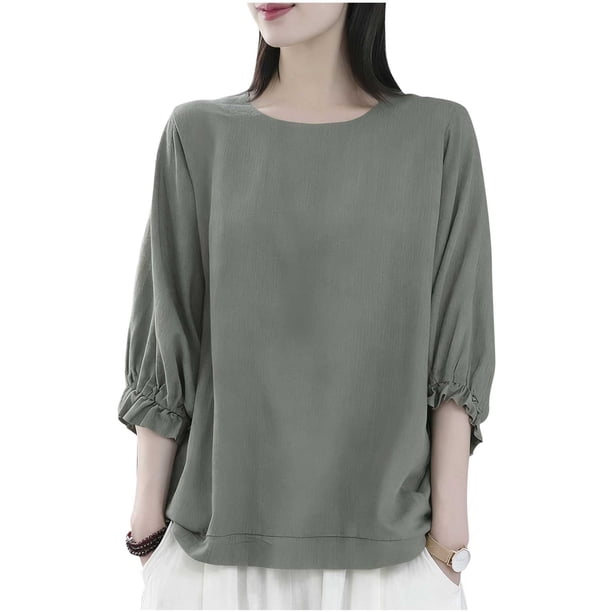Camiseta de Cuello Redondo de Manga de Encaje de Color Sólido de Cinco Cuartos para las Mujeres, Camisetas de Manga de Encaje para las Mujeres Casual de Moda Primavera Verano