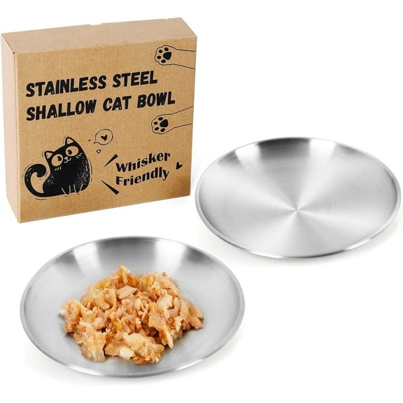 2-Pack 304 Stainless Steel Cat/Dog Food Bowls - 6.7" Shallow, Easy Clean (13oz)