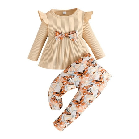 

Otqutp 2024 Fashion Spring Girls Two Solid Ruffle Long Sleeve Girls bow Top and Girls Butterfly Print Pants Set for 6M to 3 Years