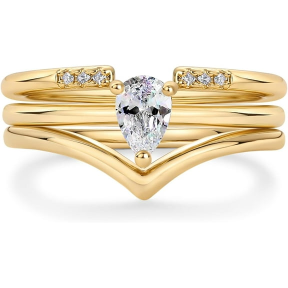18K Gold Plated Three Stackable Rings Set for Women | Tear Drop Cubic Zirconia Stacking Bands Set | 3 Trendy Rings Pack