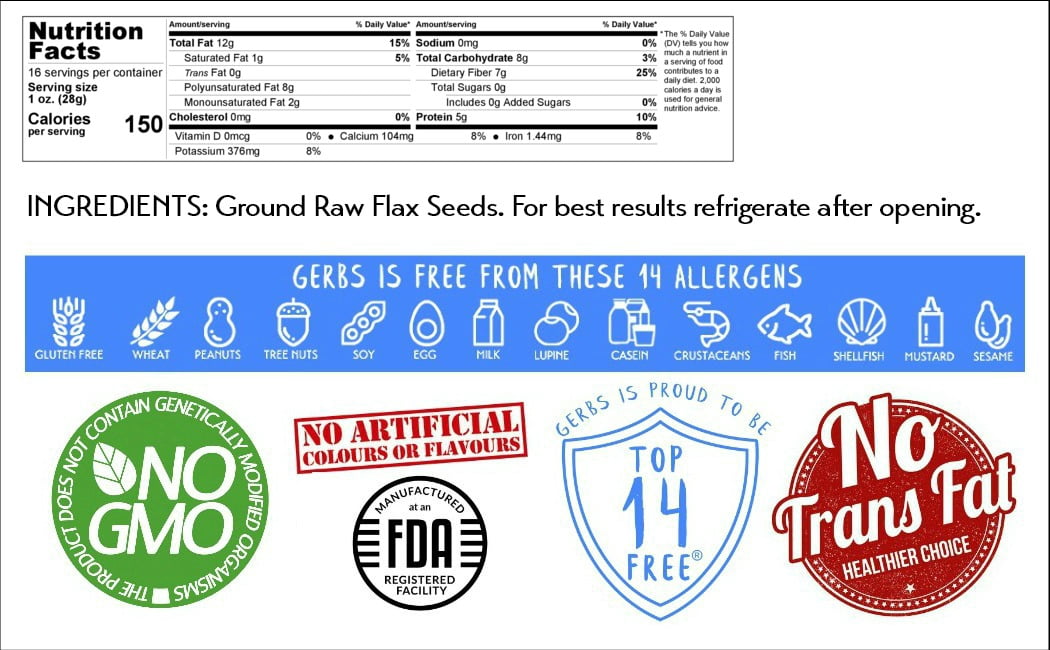 GERBS Ground Flax Seed Meal, 16 Ounce Bag, Top 14 Food Allergy Free, Non GMO, Vegan, Keto, Paleo Friendly