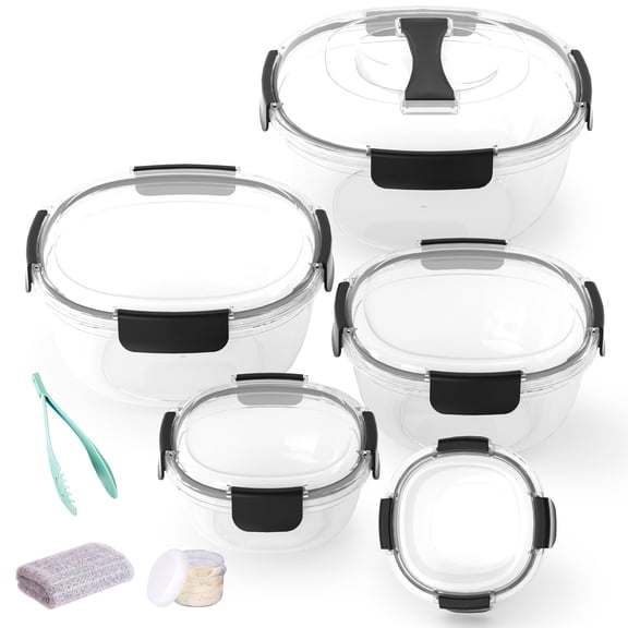 Salad Serving Bowl with Airtight Lids, BPA-Free, Leak-Proof Plastic Containers for Meal Prep, Baking, Salad, Picnic & Oven Safe, Includes 3-in-1 Spatula & Tongs – Nesting To-Go Containers
