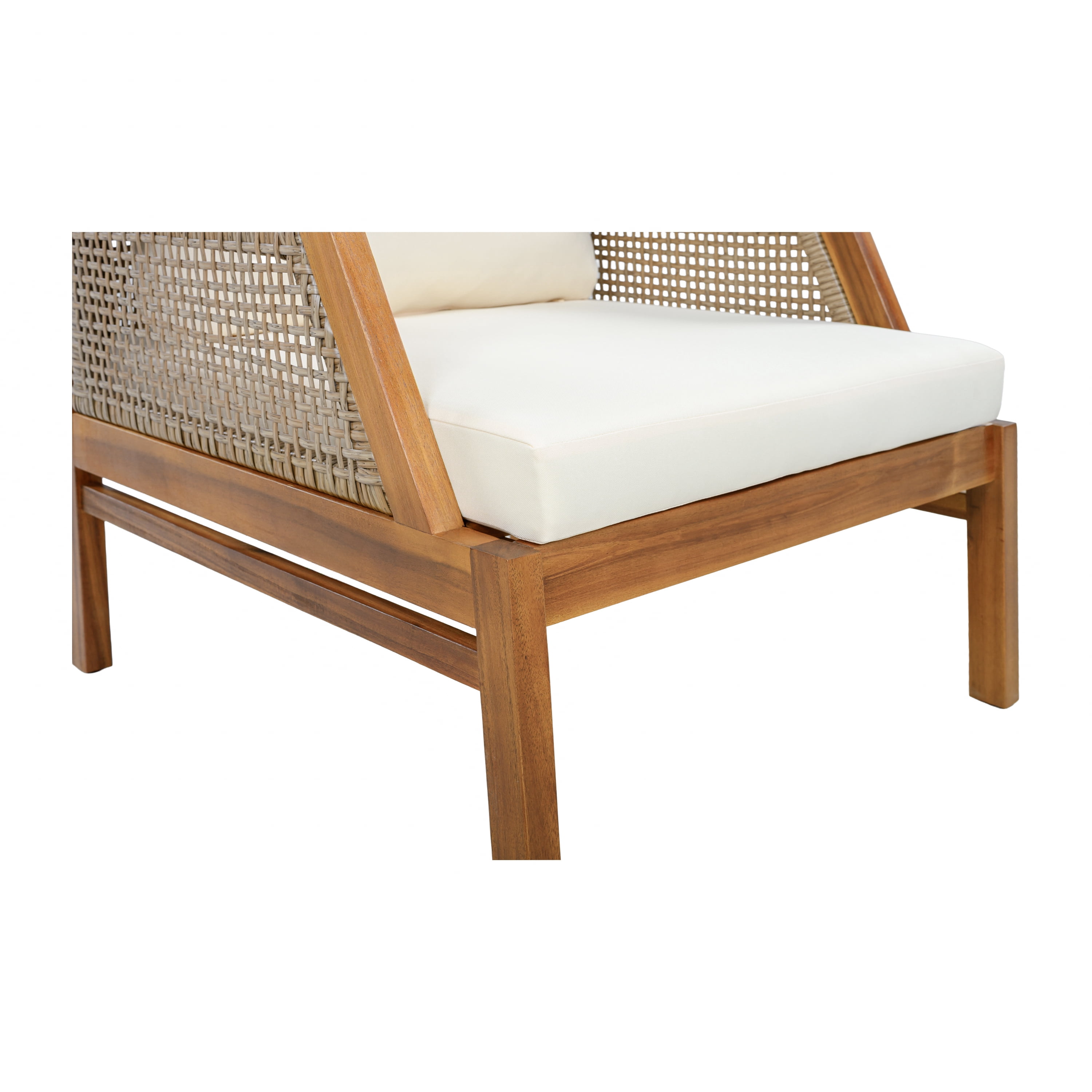 Outdoor Patio Club Chair with Acacia Wood and Hand-Woven Flat Wicker, Deep Seating Armchair and Garden Chair with Soft Cushions for Backyard Balcony, Teak and Cream