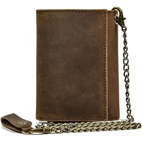 ZLC Mens Wallets with Chains, Genuine Leather Trifold Wallet RFID Blocking Anti-Theft Chain for Biker, Motorcycle (Brown)