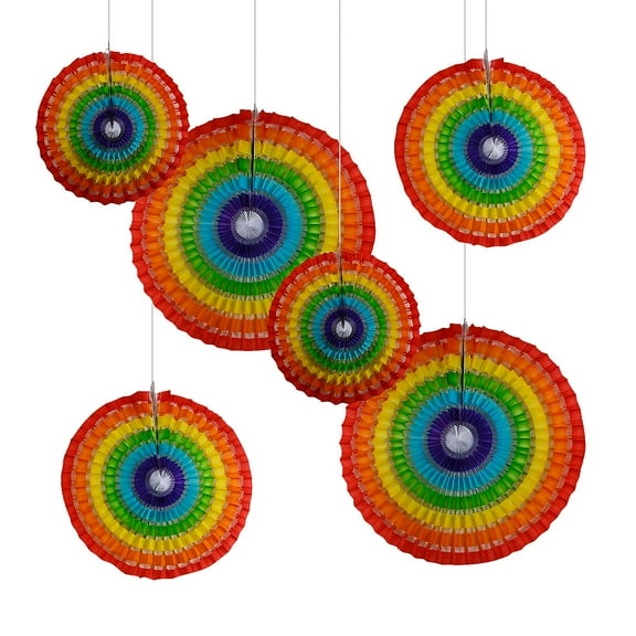 Fun Express 12" – 20" Bright Rainbow Stripe Hanging Paper Fans Set - 6 Pieces