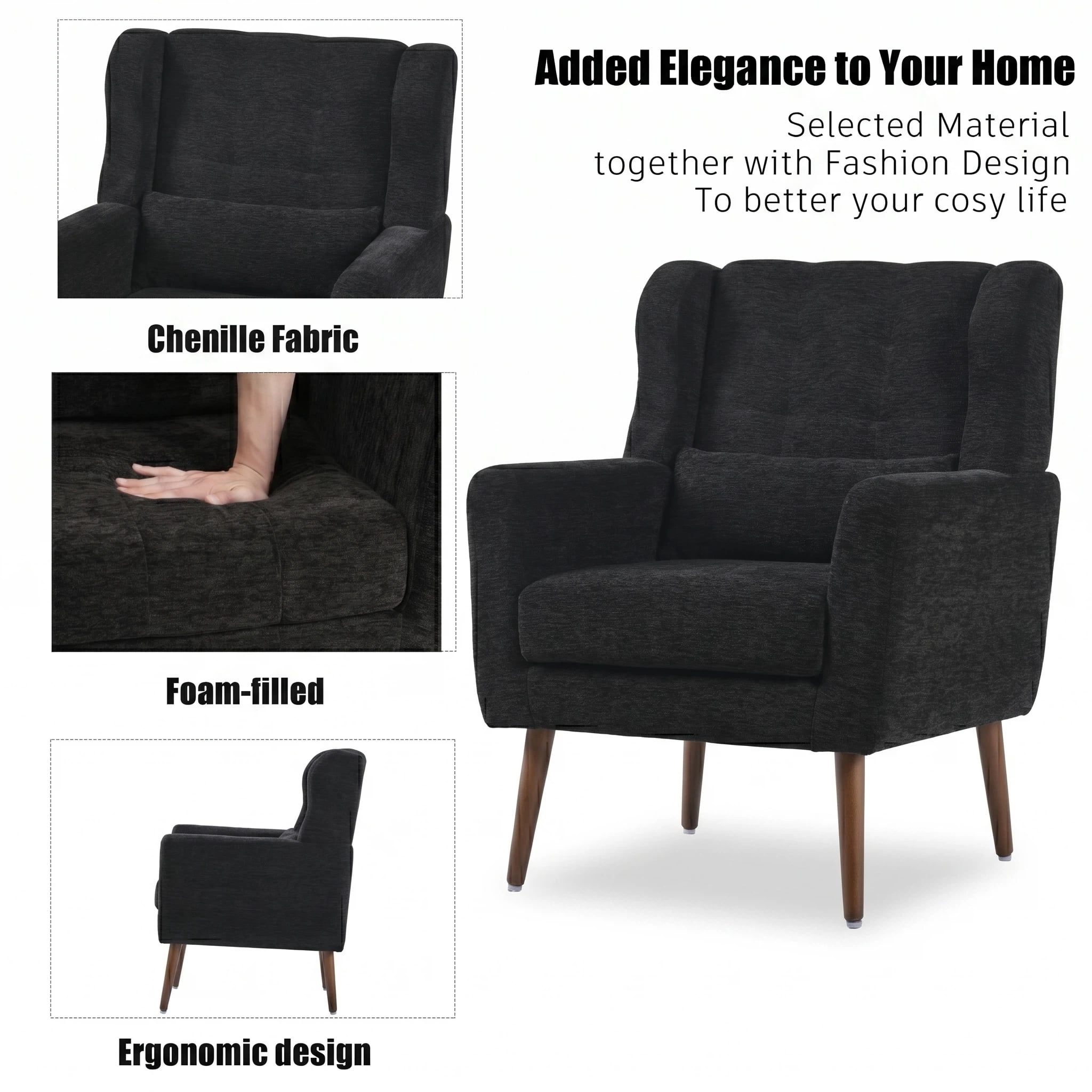 AISWORD Modern Accent Chair, Upholstered Armchair with Pillow, Fabric Single Sofa Chair with Lounge Seat and Wood Legs Accent Chair for Living Room Bedroom Small Spaces, Black