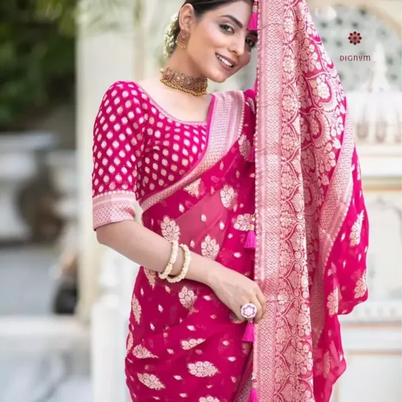 Magenta Pink Woven Banarasi Georgette Saree