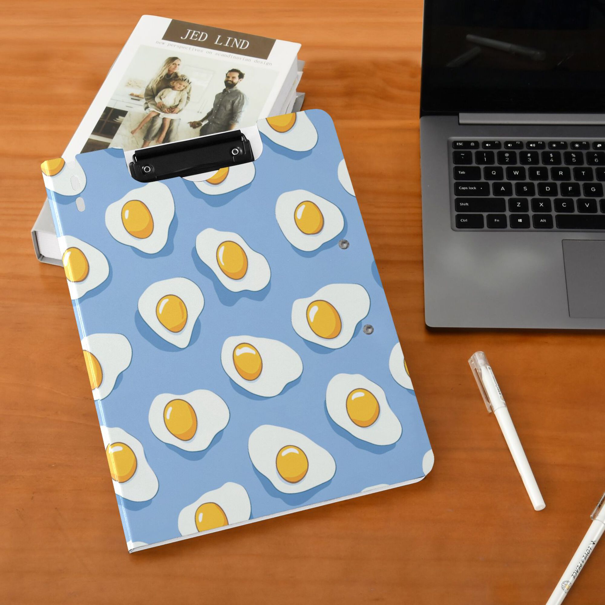 FORMRS A4 Clipboard Folder with Pen Holder Horizontal Foldable School Office Binder, Playful Fried Eggs