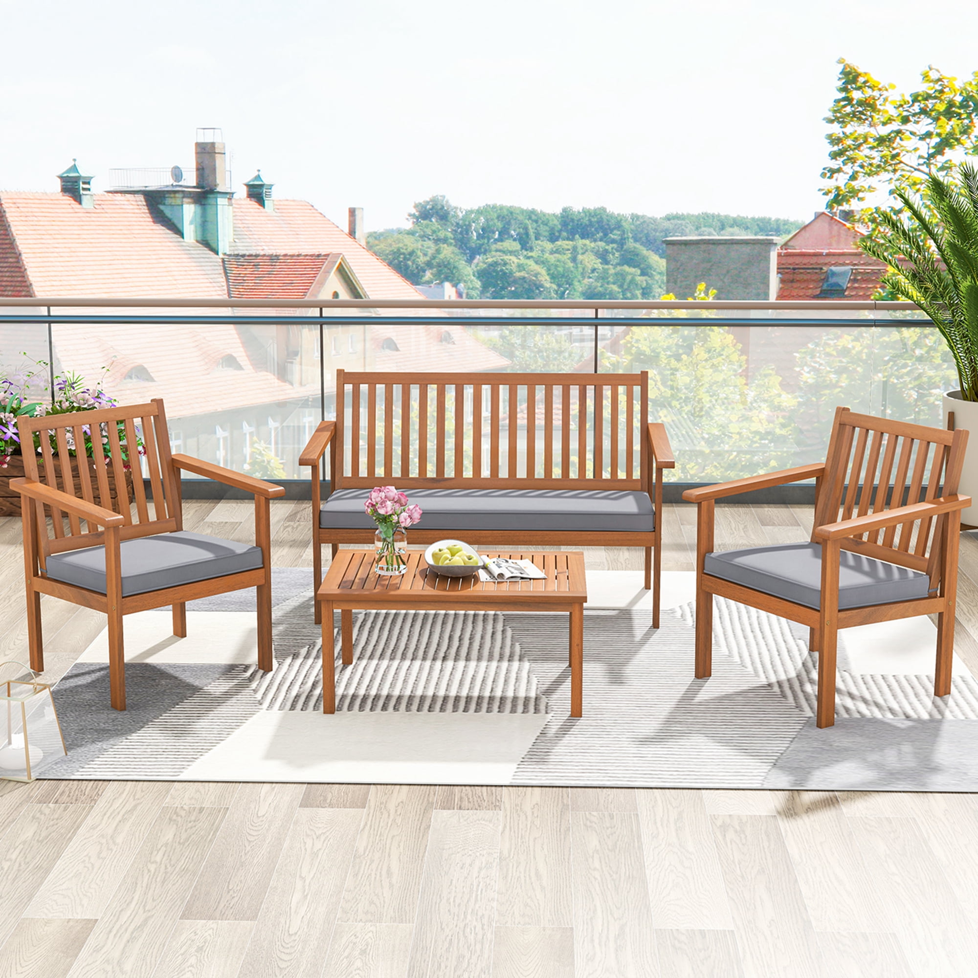 Costway 4 Pieces Patio Wood Furniture Set with Loveseat, Gray