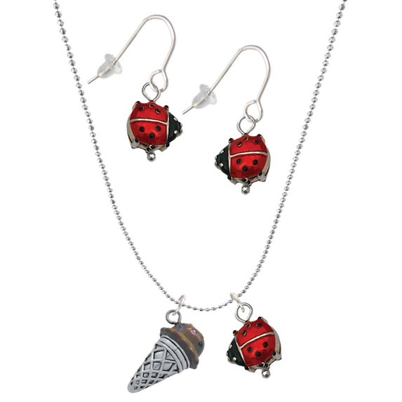 Delight Jewelry Silvertone 3-D Resin Chocolate Ice Cream Cone with Crystals Red Lucky Ladybug Necklace and Dangle Earrings Set