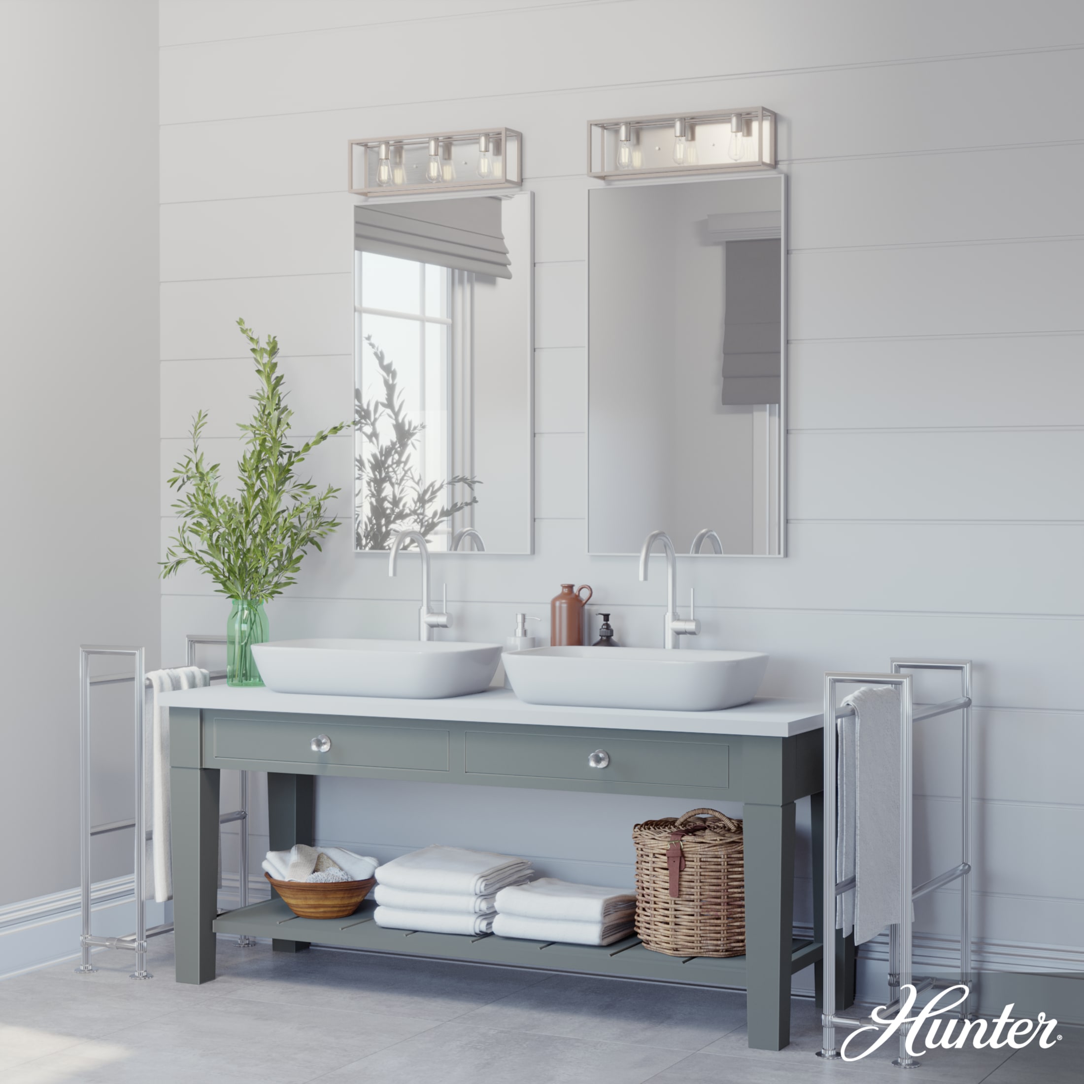 Hunter - Squire Manor 3-light Brushed Nickel, Medium Size Vanity Light, Dimmable, Modern Style, for Bedrooms, Dining, Living Rooms - 19674