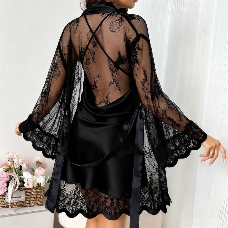 hot night dress for ladies flipkart FAWUUDO Women's Nightgown Set Lace Sheer Robe and Adjustable Straps Open Back Satin Uv50 touch lycra