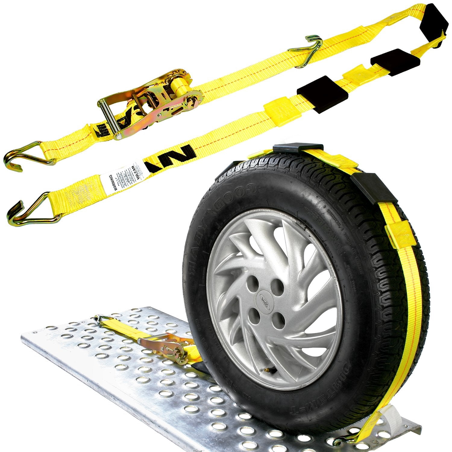 VULCAN Autohauler Car Tie Down, J Hooks, Sliding Idler 3-Cleat, 120 inch, 4 Pack, Yellow, 1600 Lbs SWL