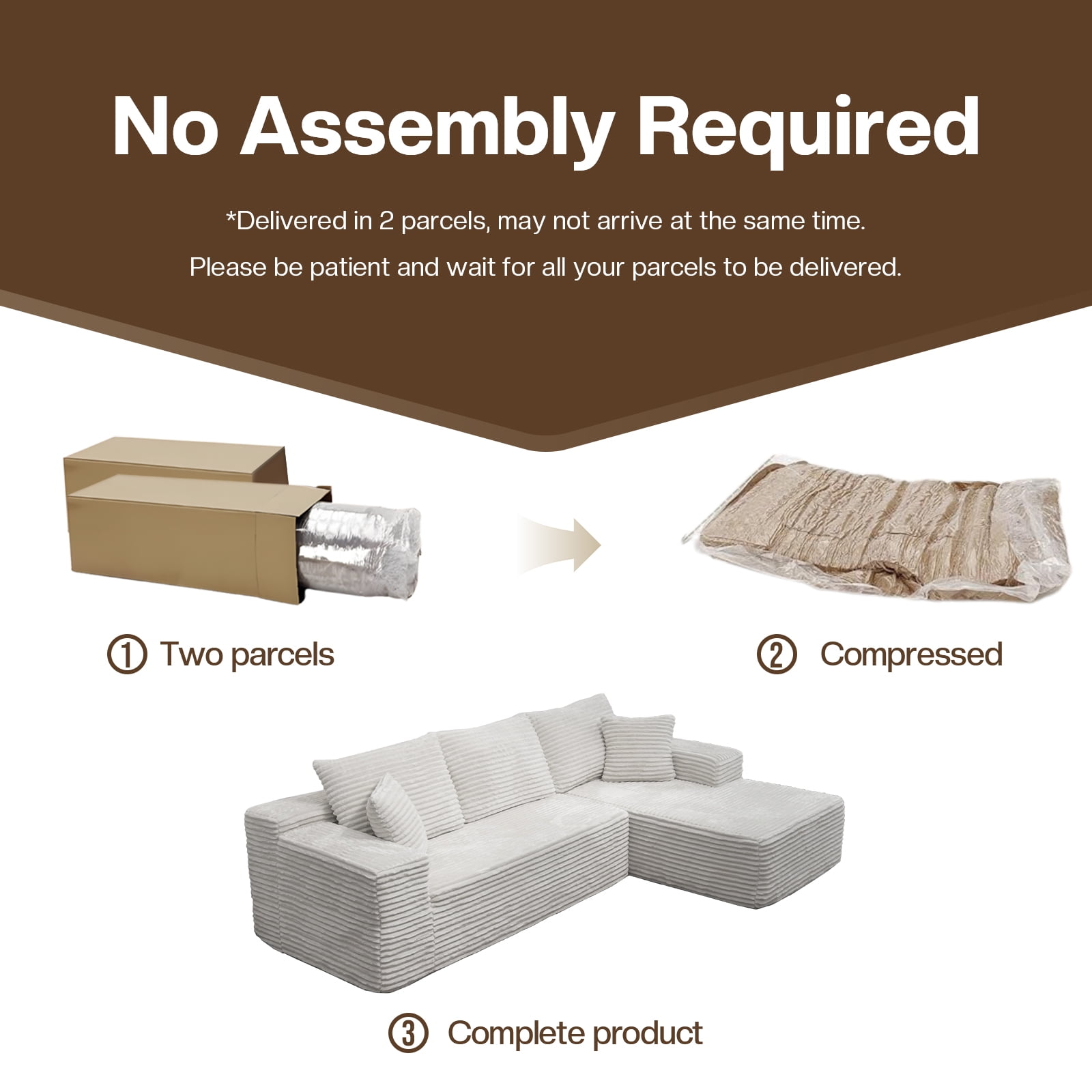 Kelyda 105" Modular L-Shaped Cloud Sofa, Plush Boneless Sectional with Deep Seats Chaise Corduroy Fabric Beige
