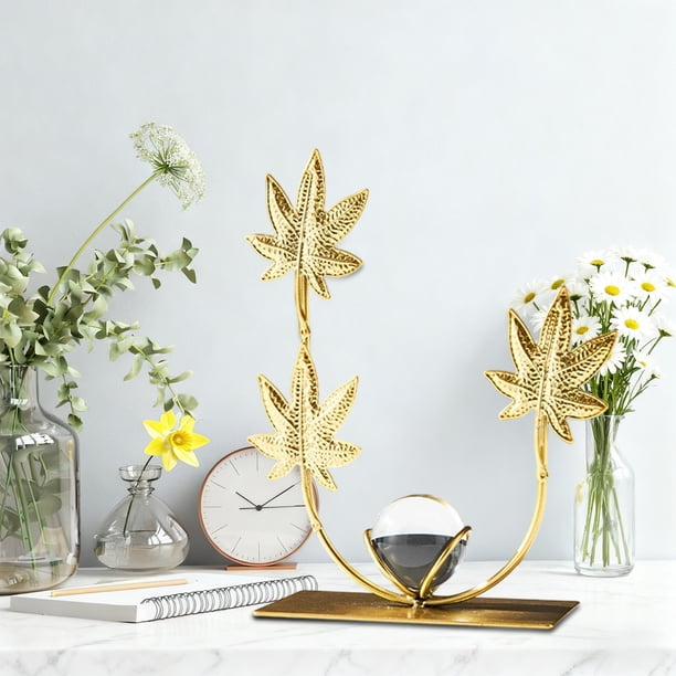 Escultura de metal con hoja de ginkgo y decoración de escritorio, estatua de pan de oro para estantería y decoración de mesa en la oficina