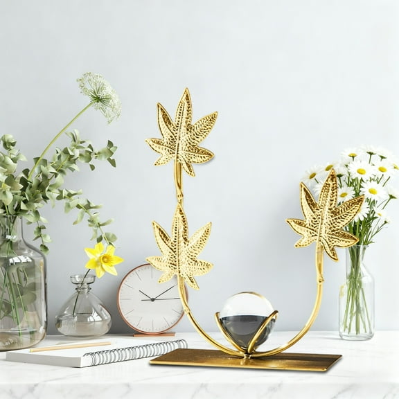 Hohaski Gold Statue Metal Jewelry Ginkgo Crystal Ball Base Art Leaf Sculpture Bookshelf Decor