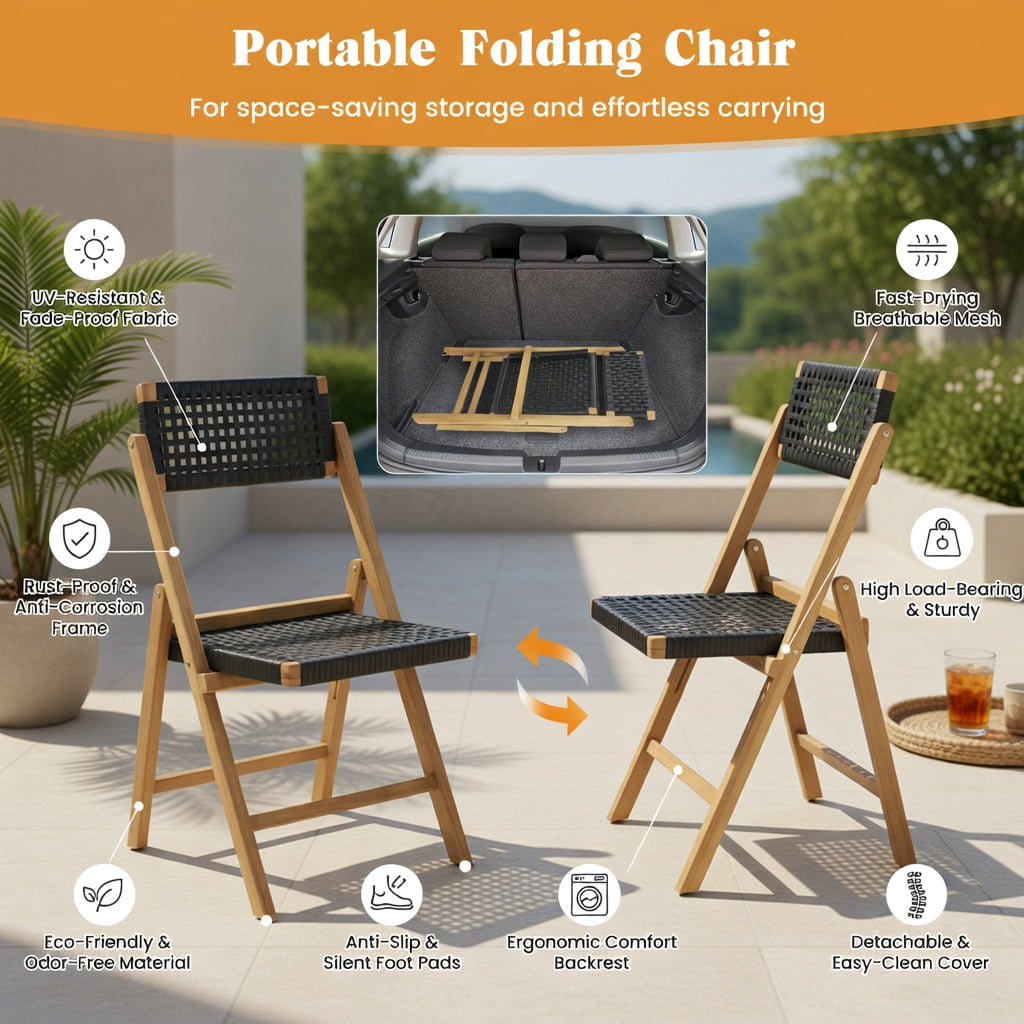 Hommoo 2-Pack Folding Teak Wood Dining Chairs with Woven Rope Seat & Back, Indoor/Outdoor Stackable Patio Chairs for Backyard, Poolside, Camping, Natural+Black