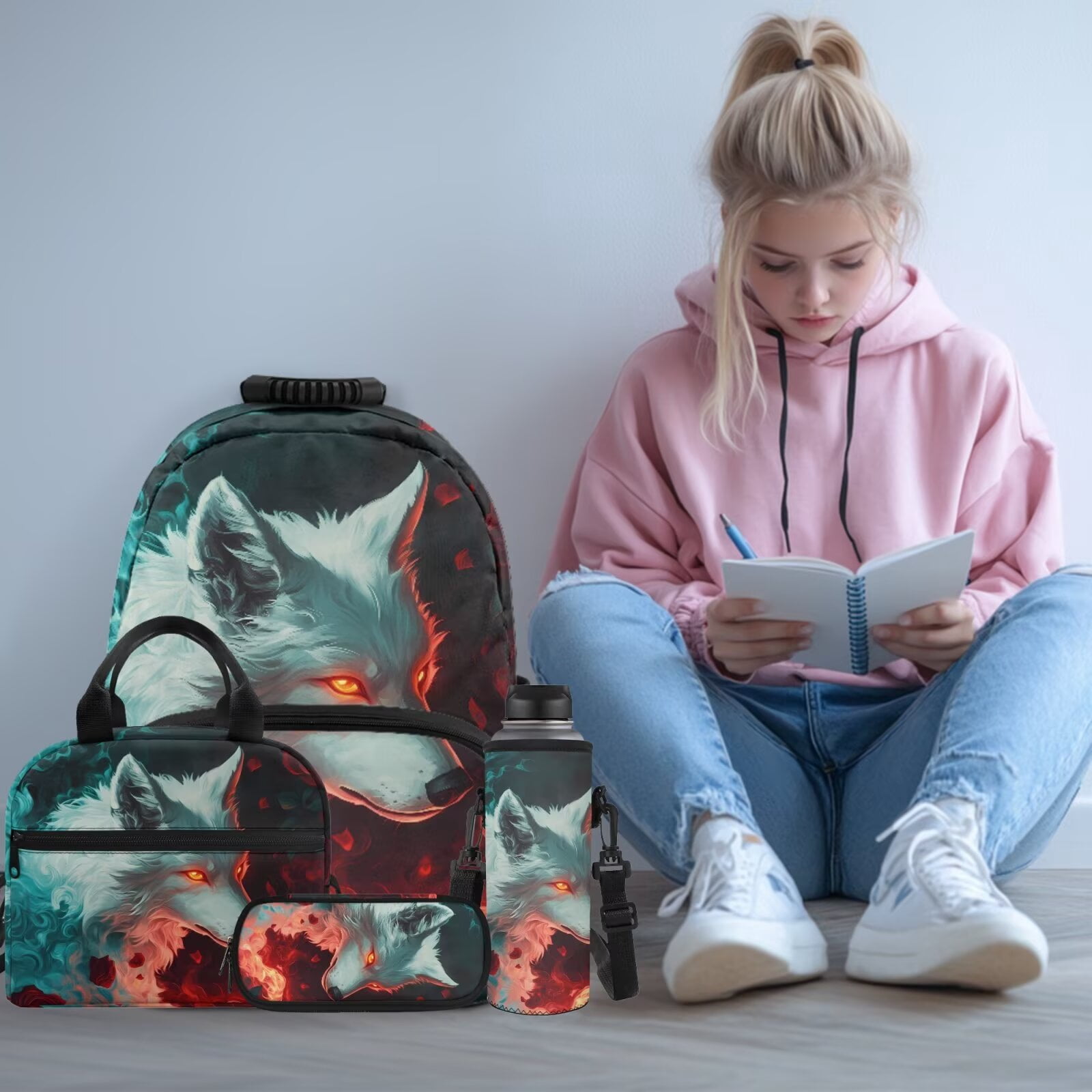 Pzuqiu Cool Wolf Kids Backpack for Boys 4 Piece School Bookbag with Lunch Box Lightweight School Bag for Boys 10-12 Elementary Backpack with Pencil Box Water Bottle Holder