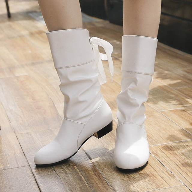 Women's Shoes Popularity Fashion Solid Color British Style Flat Bow Lacing High Boots