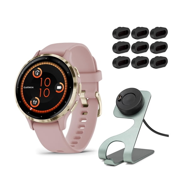 Garmin Venu 3S Smartwatch (Soft Gold/Dust Rose) Bundle with Stand and Port Plugs