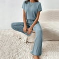 thumbnail image 4 of Bmisegm Women's Two Piece Knit Matching Outfits Crew Neck Slit Hem Tee and Pants Tracksuit Sets Features: Sky Blue XL, 4 of 6