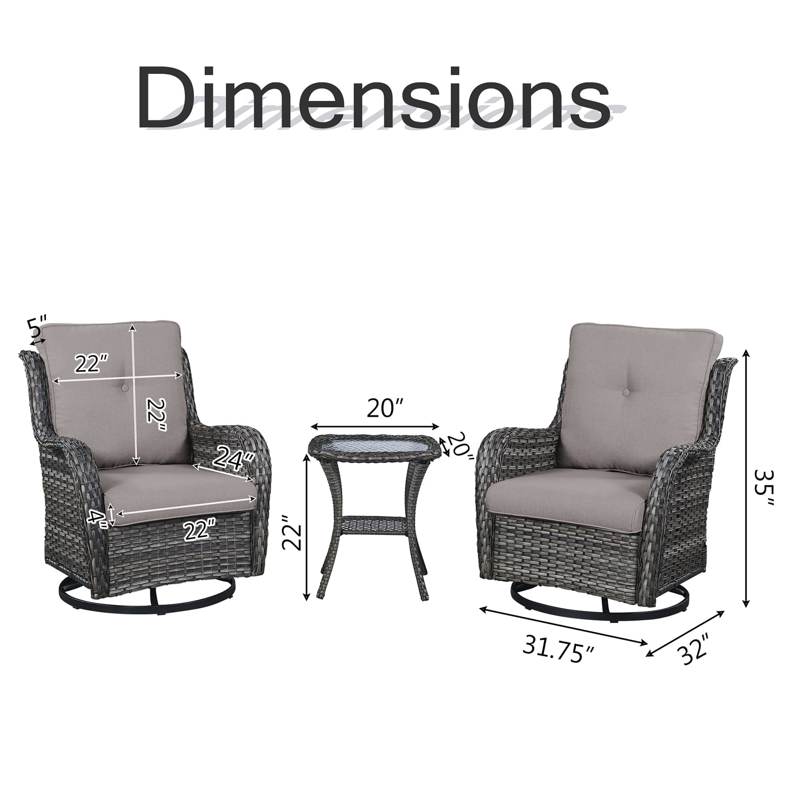 POCASSY 3 Piece Patio Set Outdoor Wicker Glider Rocking and Swivel Chairs with Side Table and Cushions - Patio Wicker Bistro Furniture Set, Gray Rattan & Beige Cushion