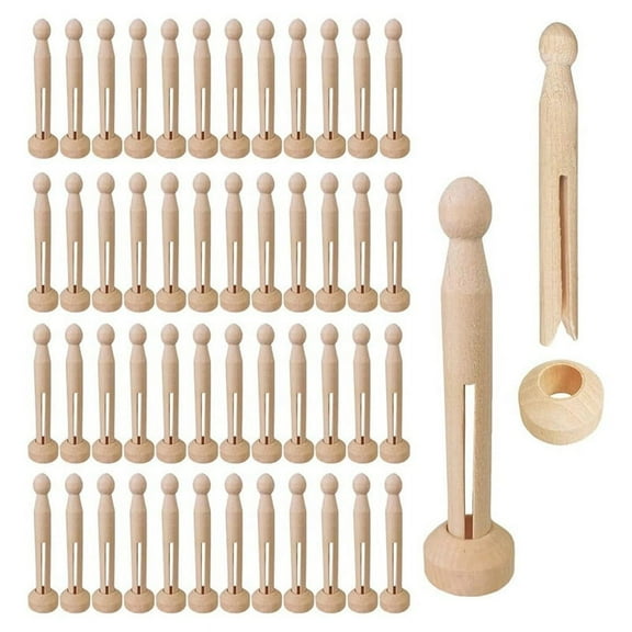 50 Sets Unfinished Wood Doll Pins Clothespins Wooden Round Peg and Stands Craft Supplies