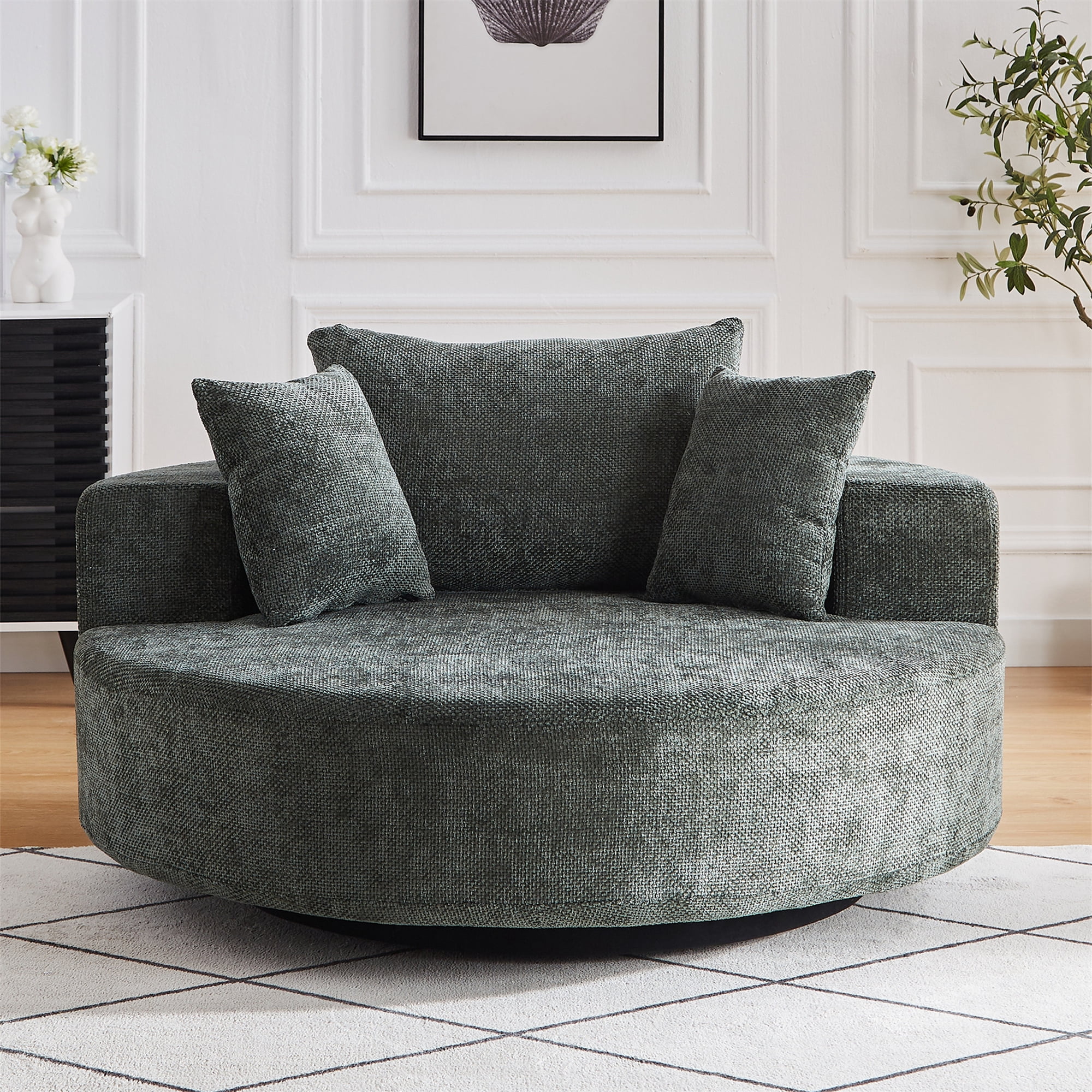 Aukfa 55 in Swivel Accent Chair, Oversized Round Cloud Sofa Chair for Living Room Bedroom, 3 Pillows, Chenille, Green