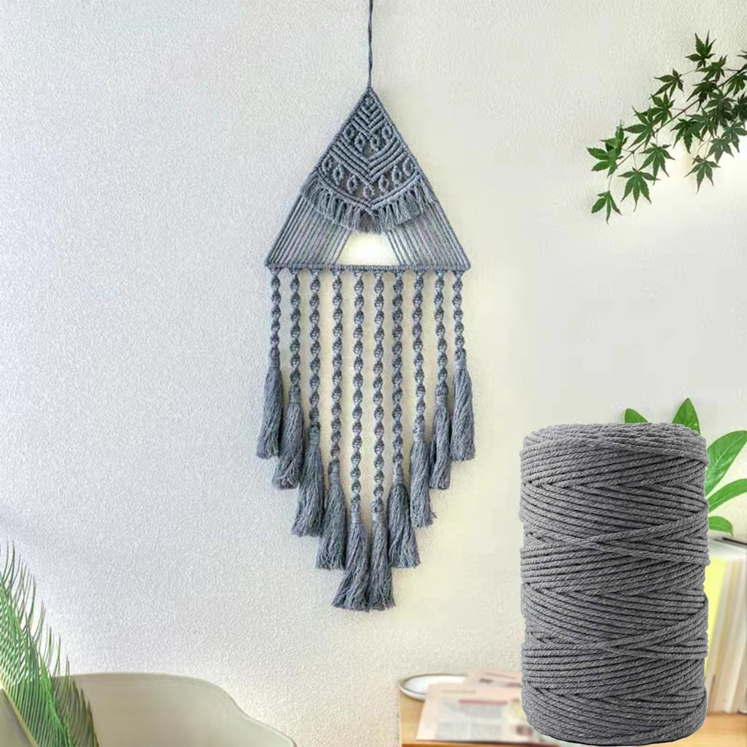 Macrame Cord, 3mm x 219 Yards Dark Gray Cotton String Macrame Rope, 4 Strand Twisted Soft Cotton Cord for Wall Hanging, Plant Hangers, Crafts, Knitting,Dark Gray