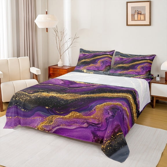 Feelyou Modern Marble Stone Full Size Sheets for Adult, Abstract Artwork Bed Sheets, Purple Gold Marbling Sheet Sets, Super Cozy Room Decor, 4 Pieces