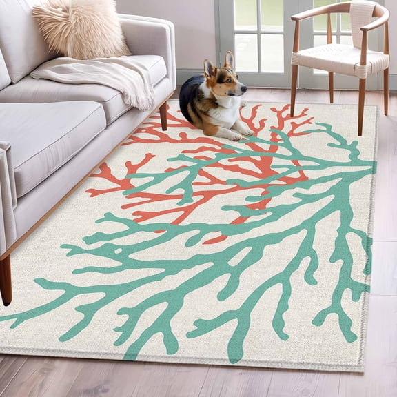 2.7'x5' Area Rugs, Teal Red Coral Indoor Outdoor Area Rug for Living Room Bedroom, Summer Ocean Nautical Coastal Rustic Burlap Washable Bathroom Rugs Kitchen Floor Carpet Mats Home Decor Aesthetic