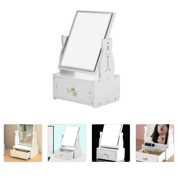 GOOHOCHY White Plastic Desktop Vanity Mirror with Drawer for Degrees Turnable