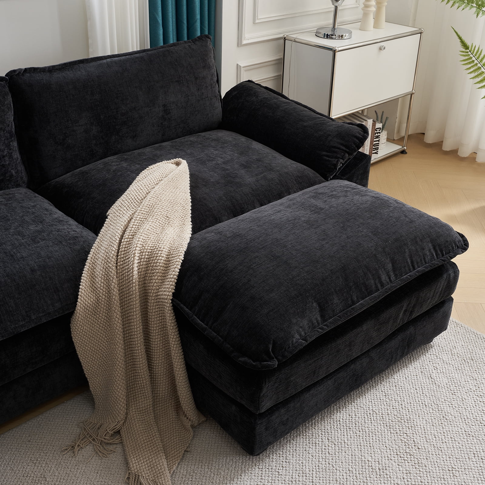 Zimtown Sectional Sofa with Ottoman, L Shaped Convertible Couch with Removable Chaise Chenille Fabric Sofa Set for 3-4 Persons Living Room Furniture Black