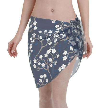 Adobk Women Beach Sarong Bathing Suit Cherry Blossoms On Navy Background Print Wrap Skirt Sheer Bikini Swimsuit Cover Ups For Swimwear