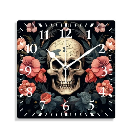 12 Inch Wall Clock Battery Operated Silent Clock Decorative for Office, Kitchen, Outdoor, Living Room,Tatoo Skull on Floral Background Cute Pattern