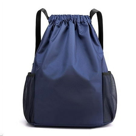 Drawstring Backpack Strings Bags with Pockets Backpack Sports Bag Waterproof Large Capacity Bag-Dark Blue-M