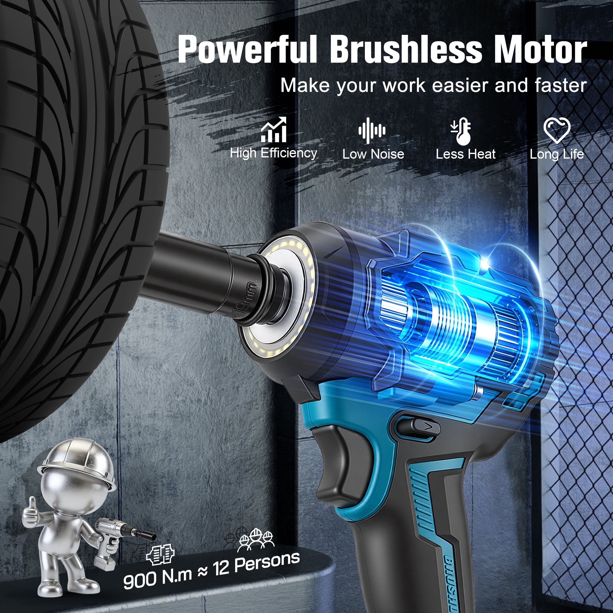 RELOIVE Cordless Impact Wrench Kit,663.8 FT-lbs(900N.m) Max Torque,1/2" Heavy-Duty Brushless Motor,4-IN-1 Electric Impact Driver,2 x 4.0Ah Batteries for Car Home Repair
