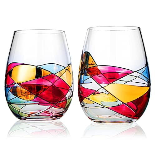 Artisanal Hand Painted Stemless Wine Glasses - Gift for Her, Wife, Mom, Friends, Girlfriend, Renaissance Romantic Stain-glassed Windows, 2 Set - Gifts Idea Birthday, Hous