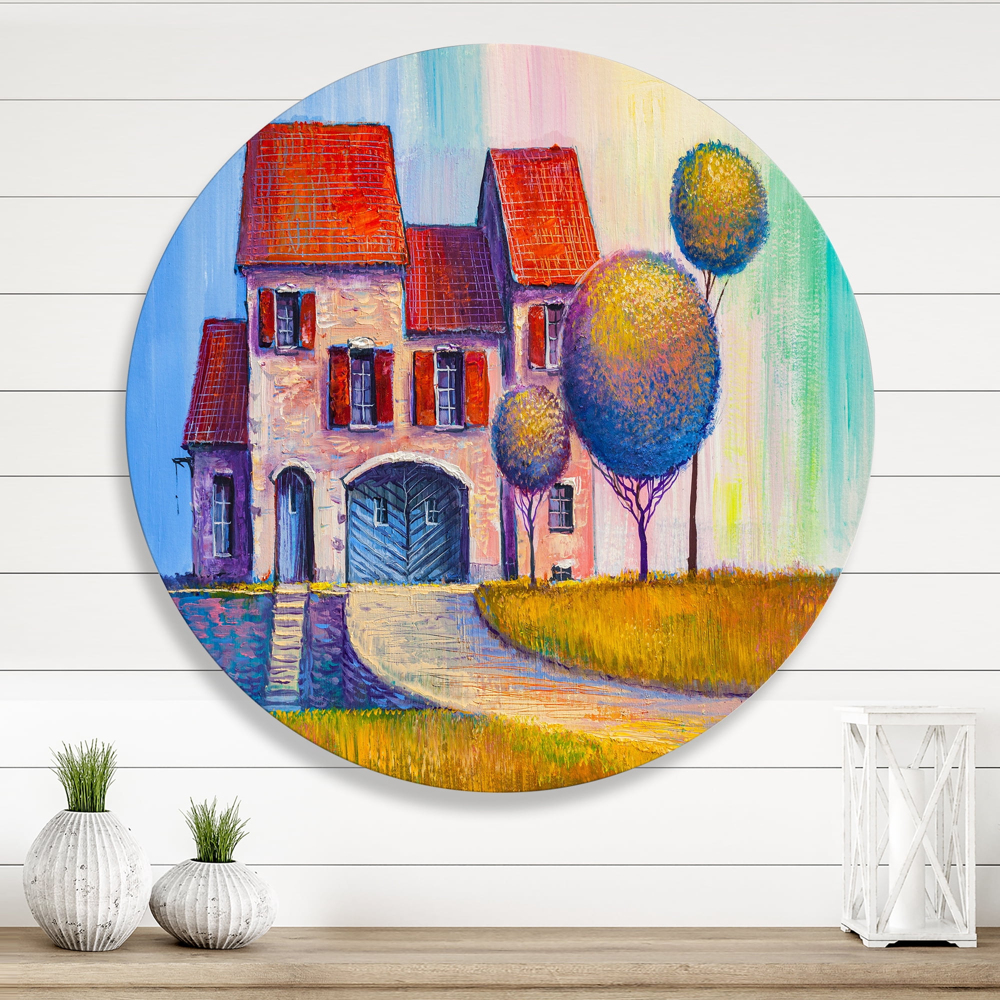 Designart 'A Red Roof House With In The Village' Modern Circle Metal Wall Art 23x23 - Disc of 23