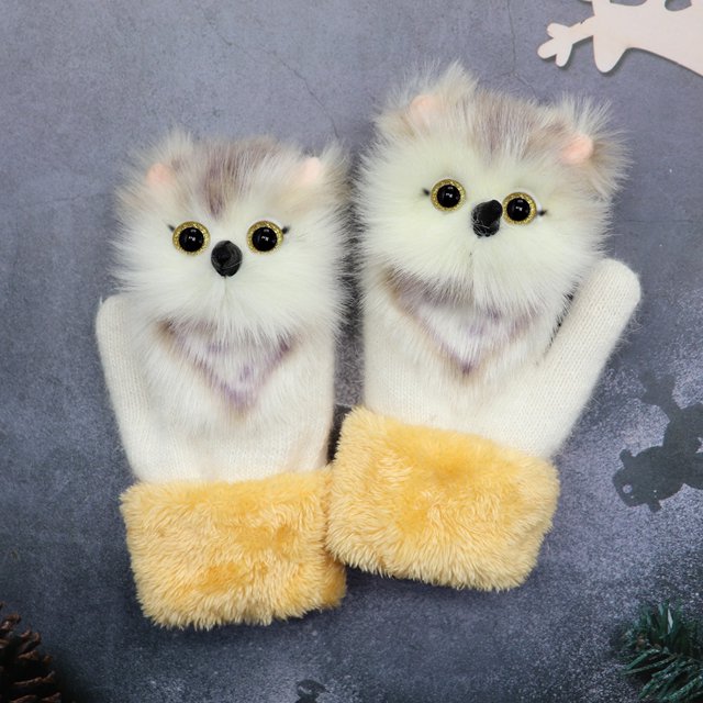 Guantes de peluche de animales de dibujos animados, guantes de invierno cálidos de piel de conejo tejidos para mujer, lindos guantes