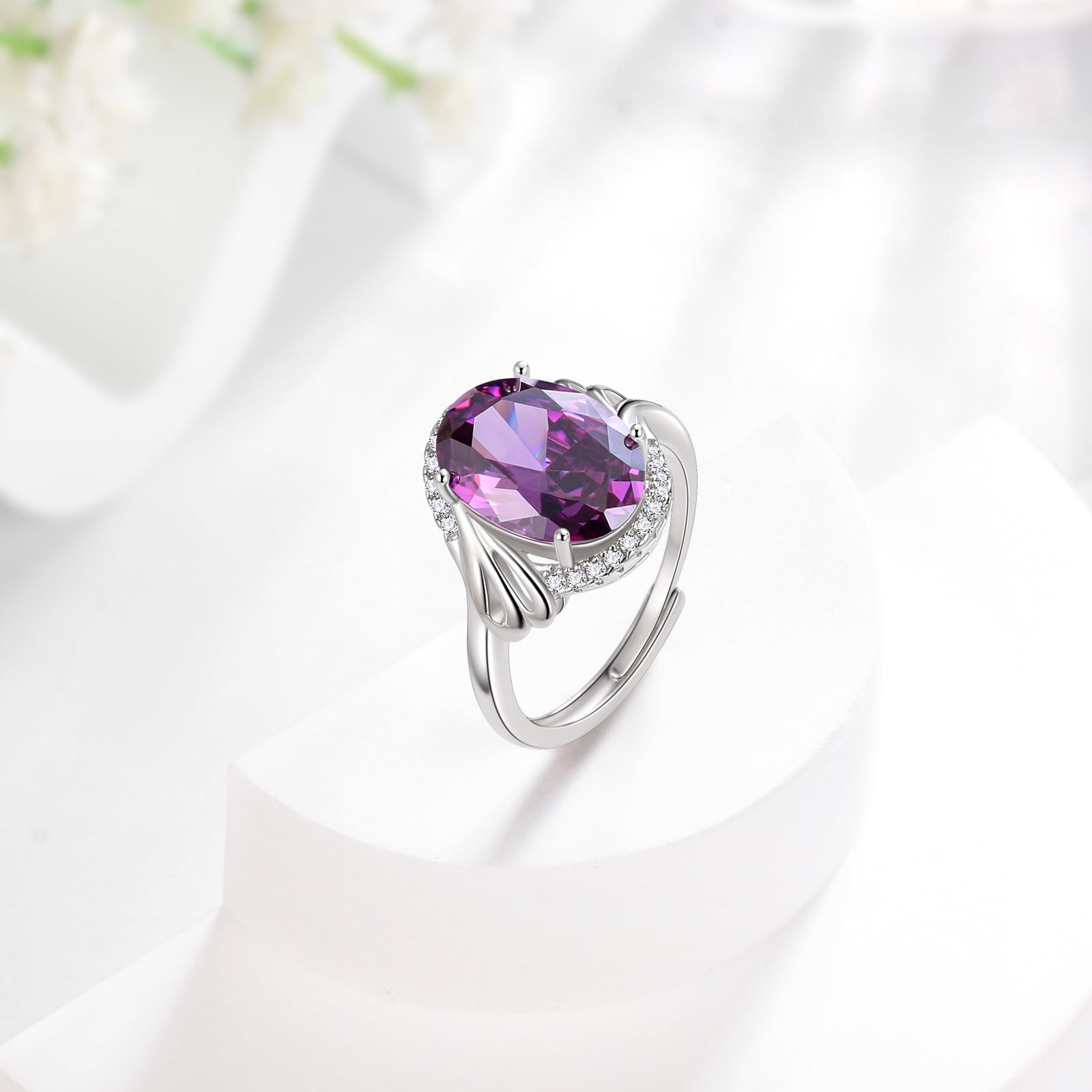 Juwaliy Halo Oval 8Ct Women Ring 925 Sterling Silver February Birthstone Amethyst Purple Crystal Jewelry Mother Grandma Birthday Valentine's Day Gift