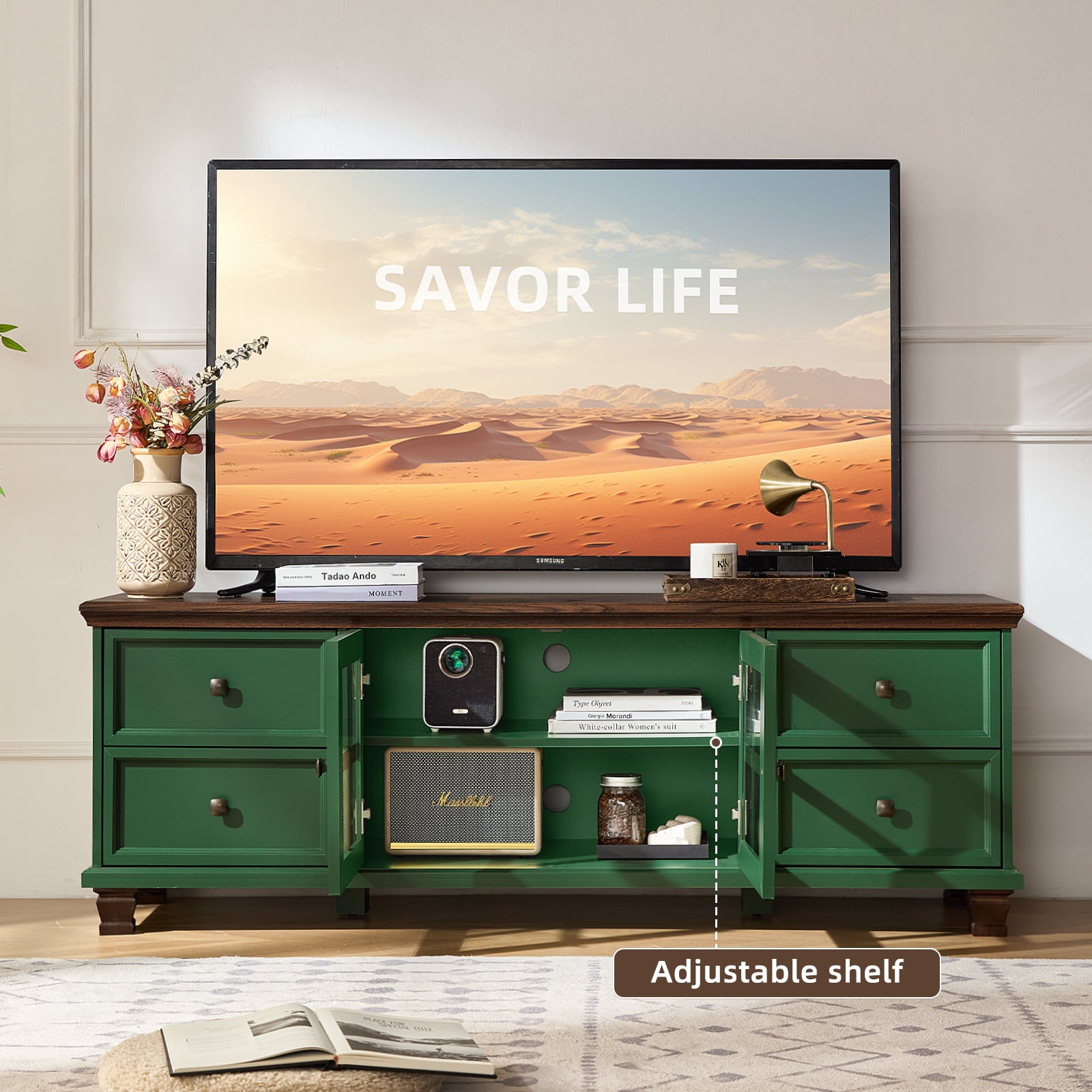Buildhom Farmhouse TV Stand with Storage, 4-Drawer Rustic Brown Entertainment Center for Living Room, Green