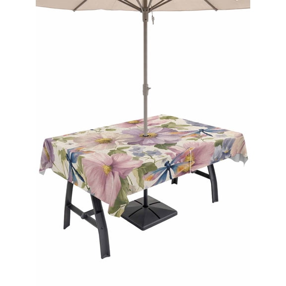 Outdoor Tablecloths with Umbrella Hole & Zipper, Vintage Flowers Rectangle Tablecloth 60x120 Inch, Spring Watercolor Floral Dragonflies Beige Waterproof Table Cloth, Patio/Pool/Picnic Table Covers