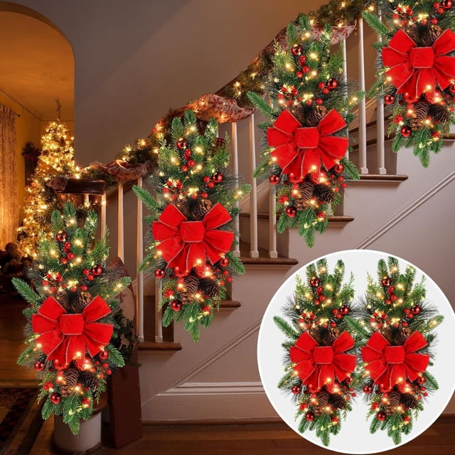 Xihbxyly Oferta Prime Corona Navideña, Corona de Escalera, Corona de Lazo Rojo, Piña, Accesorios de Decoración para El Hogar