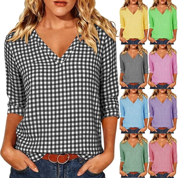 VBVC Women's Gingham 3/4 Sleeve V-Neck Top , Ladies' Lightweight Work Office Blouse , Plaid Summer Shirts For Women,Black,S-2XL